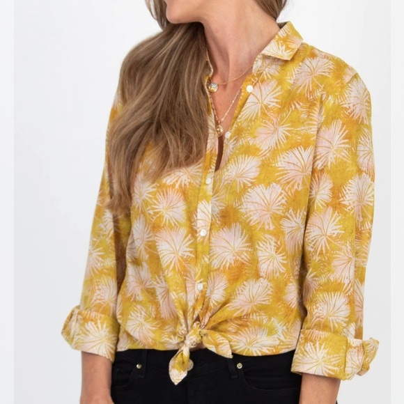 Hartford Tops - Hartford 100% Cotton Yellow Button Down Shirt with Tie Front Medium